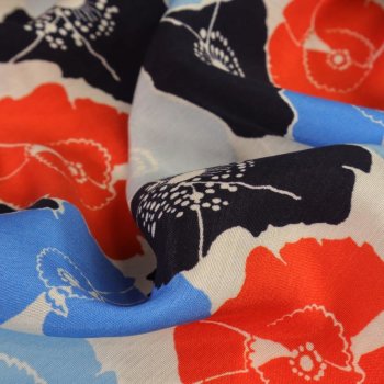 Rest = 2,50 m* Viskose-Webware - Blumen - hellblau/navy/orangerot auf offwhite - *Made in Italy*