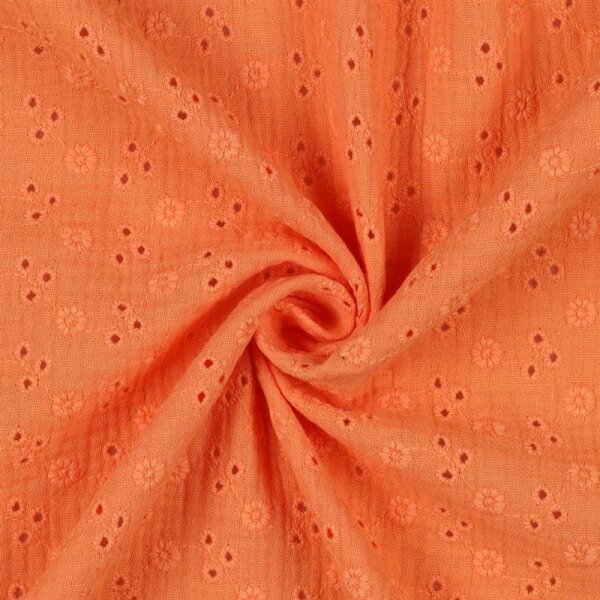 Musselin - Double Gauze mit Lochstickerei - Blumen - hellorange