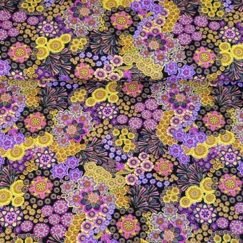 Viskosejersey - Flowers Purple/Lime/Pink auf Schwarz