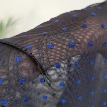 Mesh-Stoff Flock Dots - royalblau auf schwarz