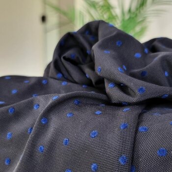 Mesh-Stoff Flock Dots - royalblau auf schwarz