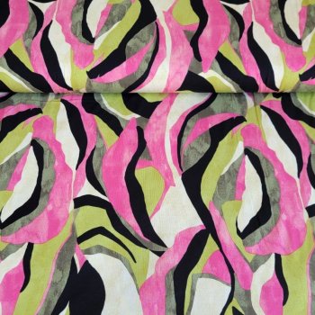 Viskosejersey - Graphic leaves - kiwi/khaki/pink/schwarz