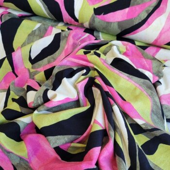 Viskosejersey - Graphic leaves - kiwi/khaki/pink/schwarz