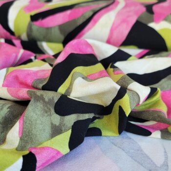 Viskosejersey - Graphic leaves - kiwi/khaki/pink/schwarz