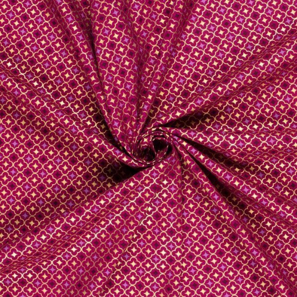 Baumwoll-Webware - Weihnachtsstoff - Ornamente auf Dunkel-Fuchsia  mit Gold-Shimmer