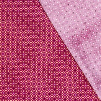 Baumwoll-Webware - Weihnachtsstoff - Ornamente auf Dunkel-Fuchsia  mit Gold-Shimmer