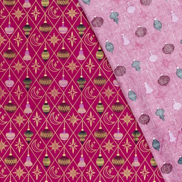 Baumwoll-Webware - Weihnachtsstoff - versch. Motive in Rauten angeordnet -  dunkel-fuchsia mit Gold-Shimmer