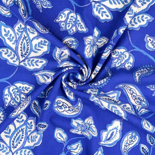 Viskose Leinen Druck - Flowers Paisley - wei&szlig;/ royalblau (1 St&uuml;ck = 3 Meter)