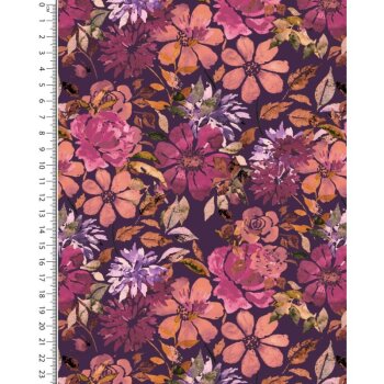 Viskosejersey -  Flowers  - lila/lachsorange/pink auf...