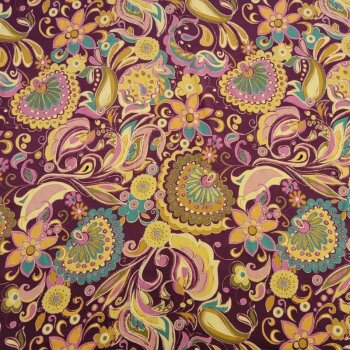 Premium-Viskose-Satin - Bl&uuml;ten/Paisley - goldgelb/rosa/bordeaux *Made in Italy*