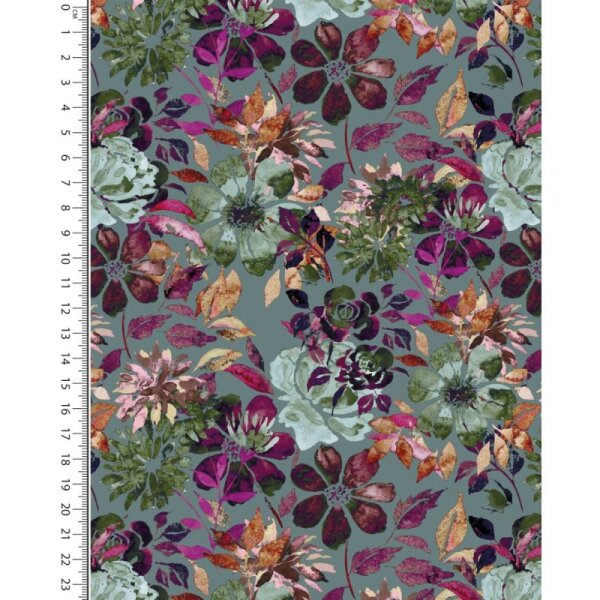 Rest = 0,9m* Viskosejersey - Flowers - fuchsia/orangerot/mint/patinagr&uuml;n