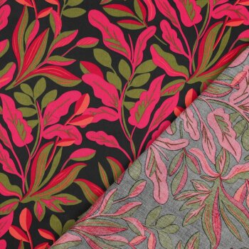 Baumwoll-Satin - Leaves Nerida Hansen - oliv/pink/dunkelgr&uuml;n