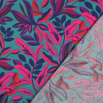 Baumwoll-Satin - Leaves Nerida Hansen - pink/blau/sea green