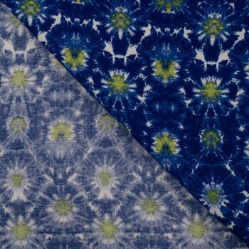 Rest = 1,60 m* Viskose-Webware - Batikbl&uuml;ten - royalblau/lime/wei&szlig;