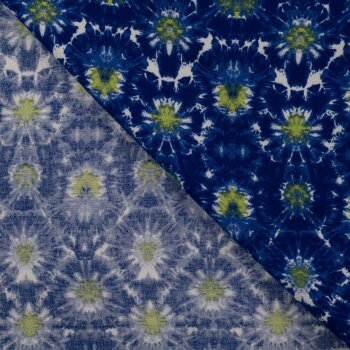 Rest = 1,80 m*  Viskose-Webware - Batikbl&uuml;ten - royalblau/lime/wei&szlig;