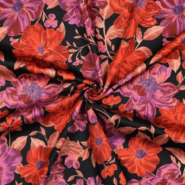 Baumwoll-Satin Digital - Flowers - rostrot/bordeaux/fuchsia/schwarz