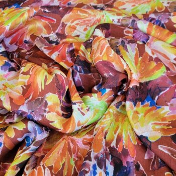 Crinkle Chiffon - Blumen - goldgelb/cognac/dunkelbraun auf Braun (1 St&uuml;ck = 2,5 Meter)